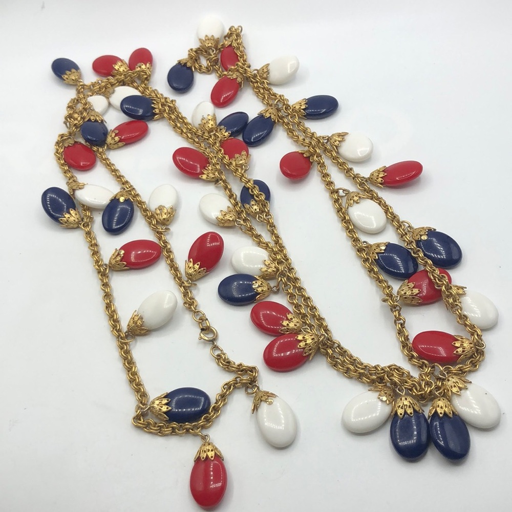 Napier 1970s Red, White & Blue Resin Drop Extra Long Necklace